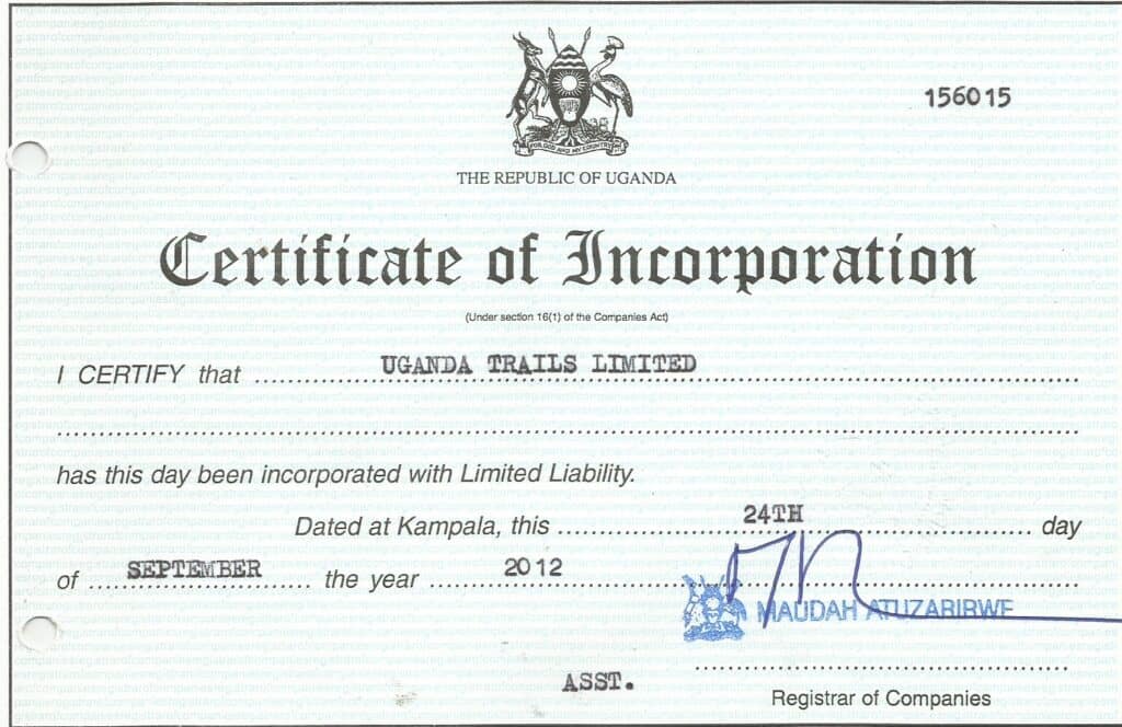 Uganda Trails LTD Certificate of Incorporation 2012